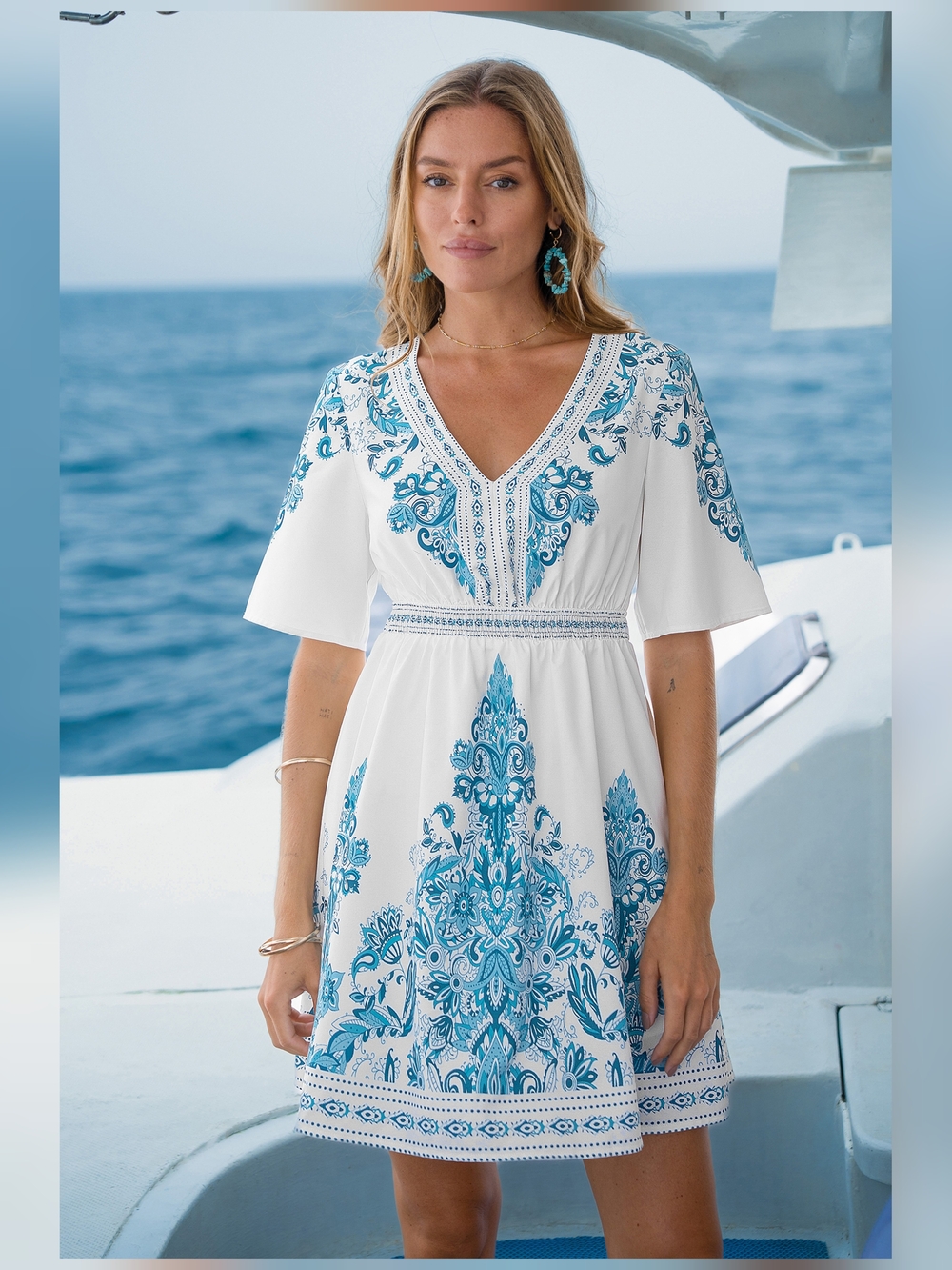 BloomChic White & Teal Printed V-Neck Beach Coverup Dress